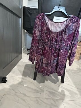 Michael Kors Plum and Lavender Mixed Print Peasant Top